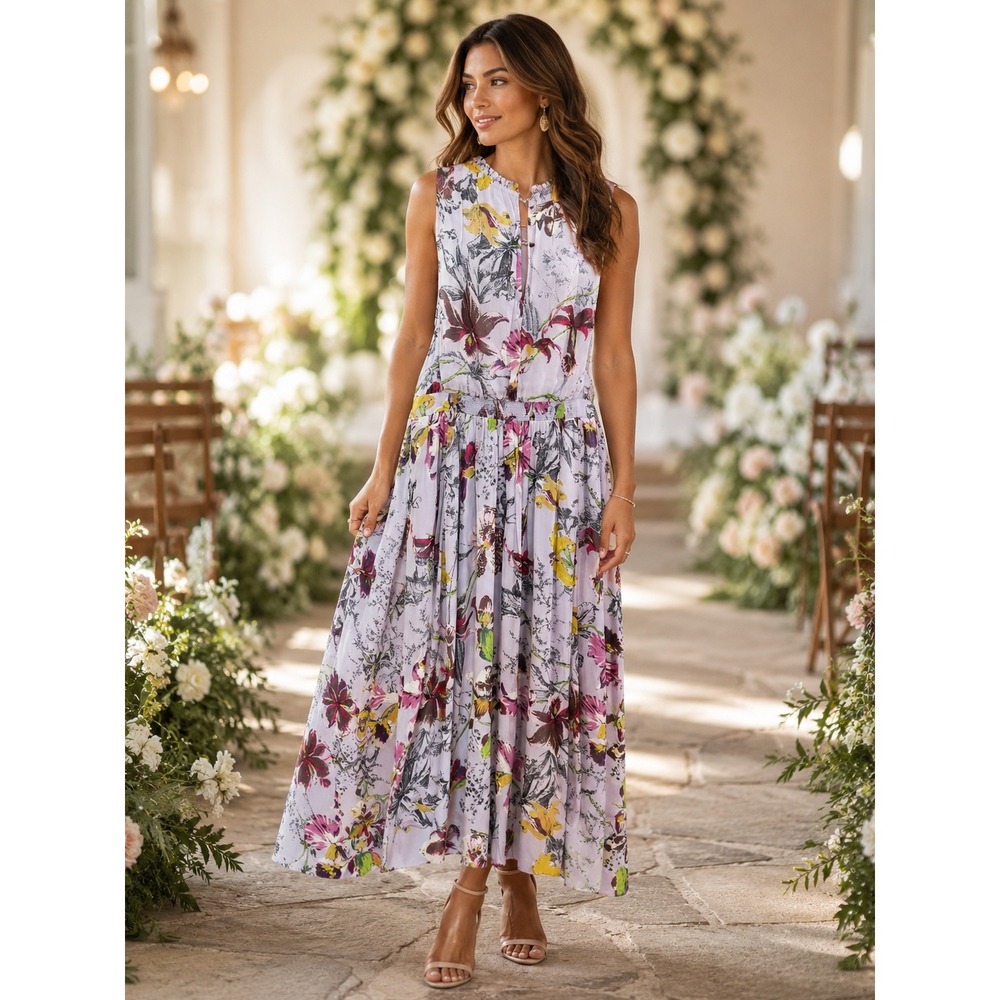 Anthropologie Lavender Floral Sleeveless Midi Dress 16W Wedding Guest Flowing